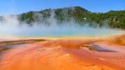 Steaming earth, trees, red